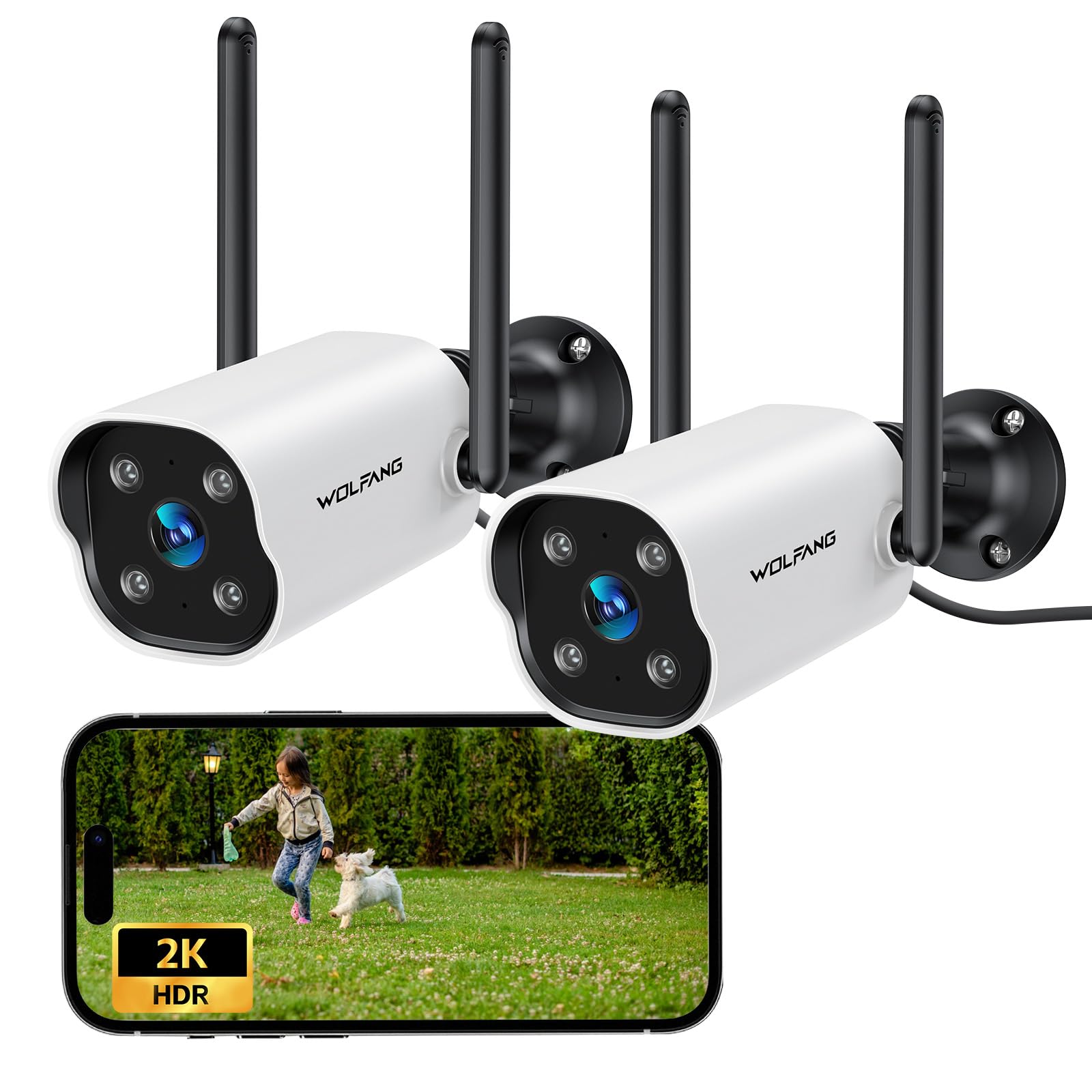 WOLFANG 2K Überwachungskamera AussenKI-Bewegungserkennung & farbige NachtsichtIP65 Cloud-Kamera 2er-Packung